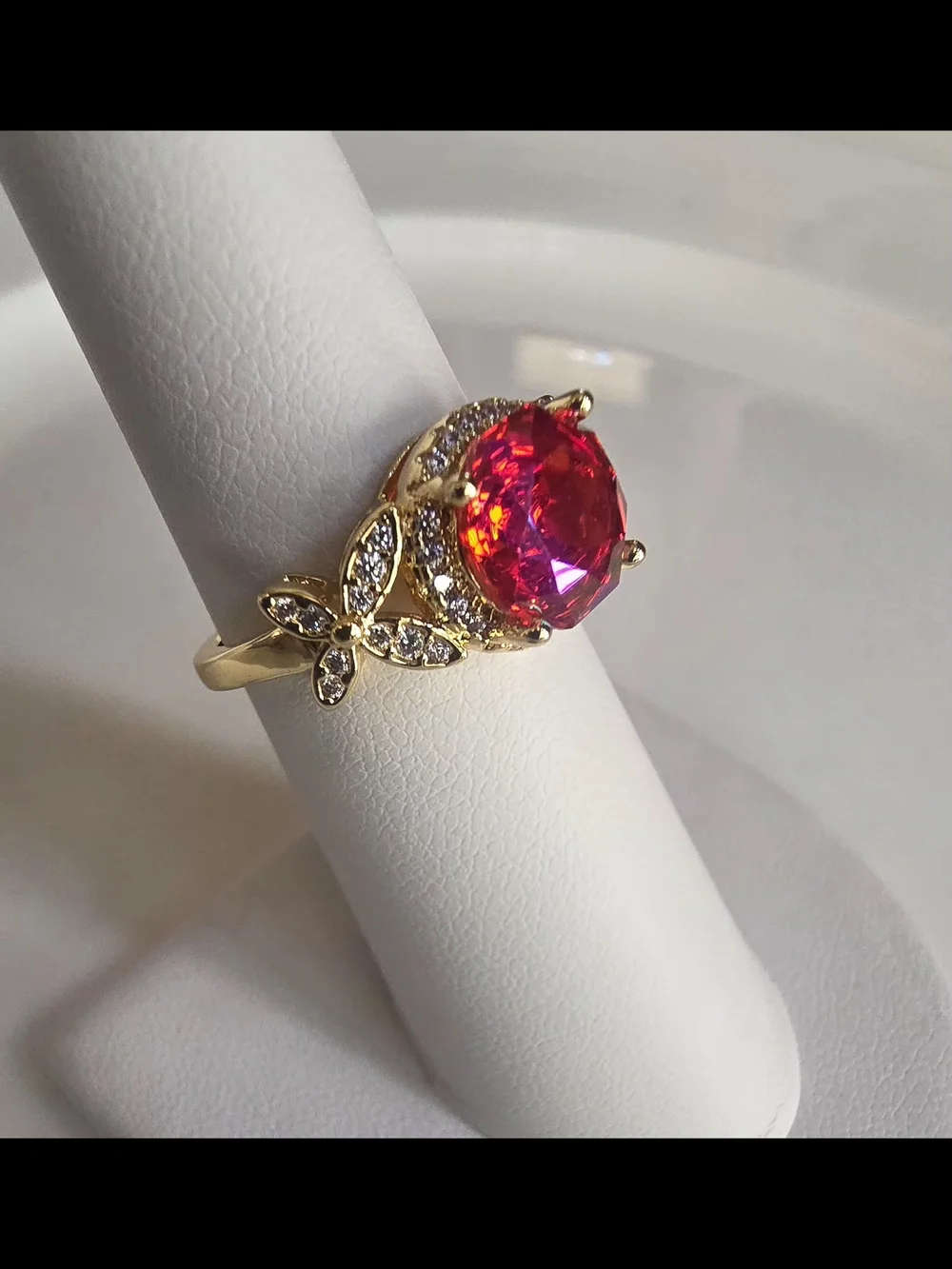Adjustable Yellow Gold Tone Pink Moissanite Butterfly Ring | Matching Pendant Ri